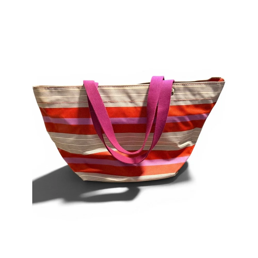 Fossil Key-Per Striped Canvas Tote Bag Orange Pink Shoulder Bag